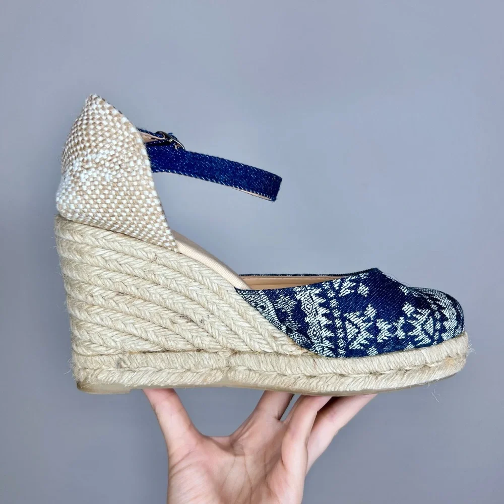 DESIGUAL 'Sabado'‎ Printed Denim Espadrille Wedges. Size 9